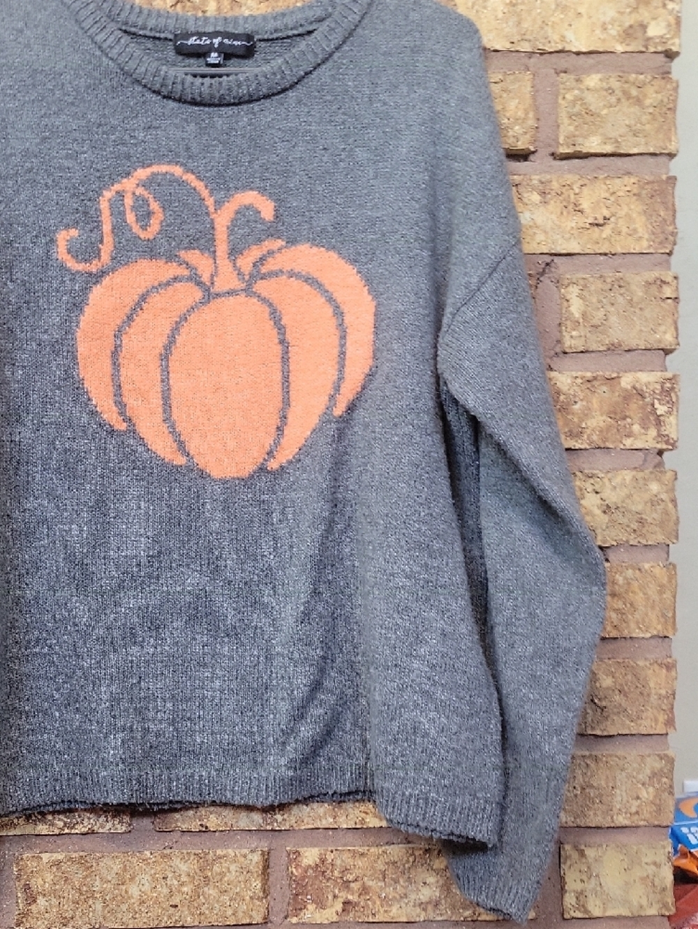 State of Mine Gray Crewneck Sweater with Orange Pumpkin Motif Size Medium - Picture 5 of 10